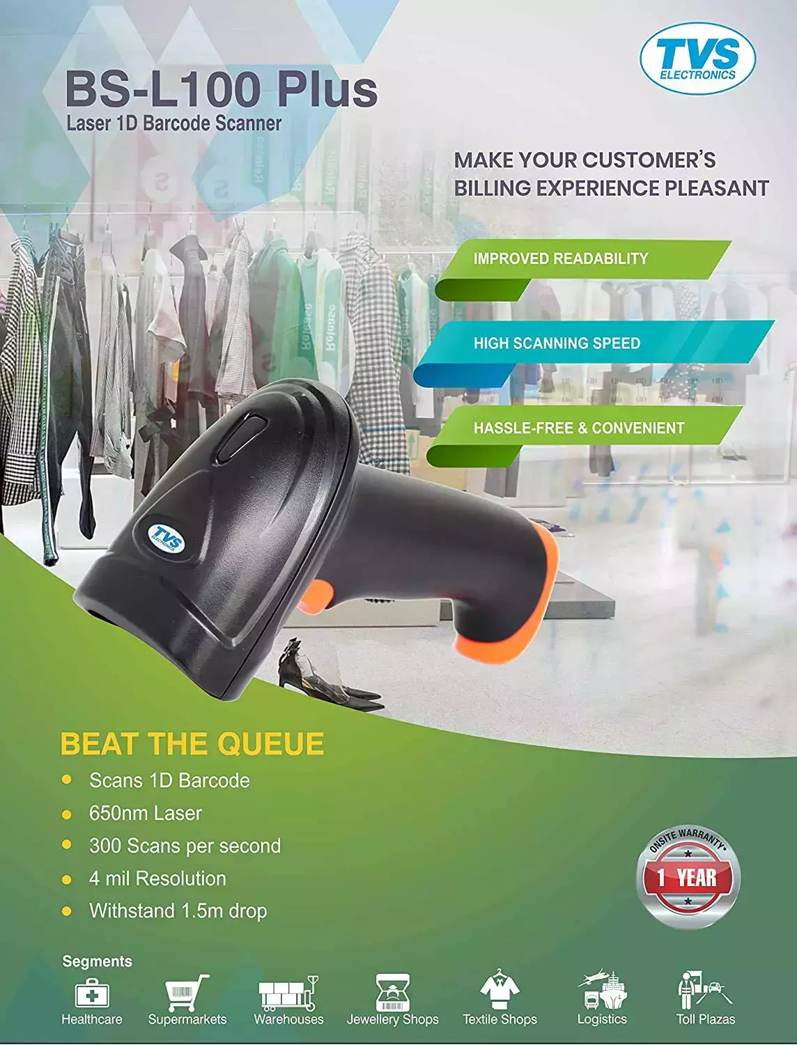 TVS BS-L100 Plus 1D Laser Barcode Scanner photo 2